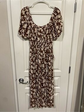 Becool Brown Floral Puff-Sleeve Midi Dress
